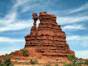Columns of Permian-age Organ Rock Shale seemingly defy gravity in the Land of Standing Rocks in the remote Maze district of Canyonlands National Park, Wayne County. Photographer: Tyler Knudsen © 2016