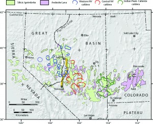 Miocene- to Oligocene-age (12 to 36 million years ago) supervolcanoes, caldera complexes, and volcanic deposits, which stretch from south-central and western Utah through Nevada and eastern California. From Best and others, 2013, Geosphere article: https://doi.org/10.1130/GES00945.1