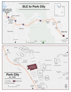 Map showing the Park City area, including the route to Park City from Salt Lake City, the hotel where the conference is located, and local businesses.