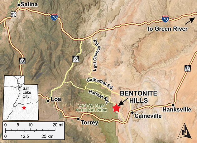 Bentonite Hills Location Map Access map for Bentonite Hills, Utah, showing nearby towns and a SLC regional inset.