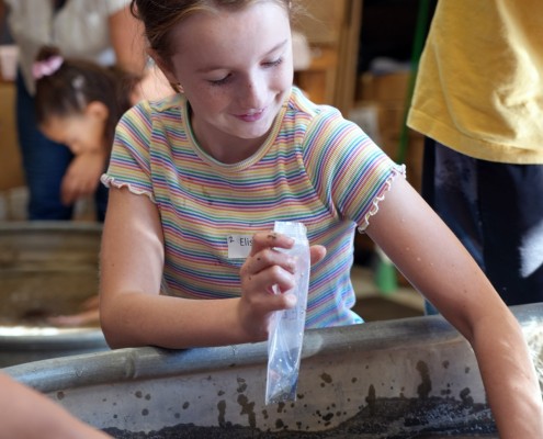 A person holding a plastic bag and reaching into the water to collect rocks.