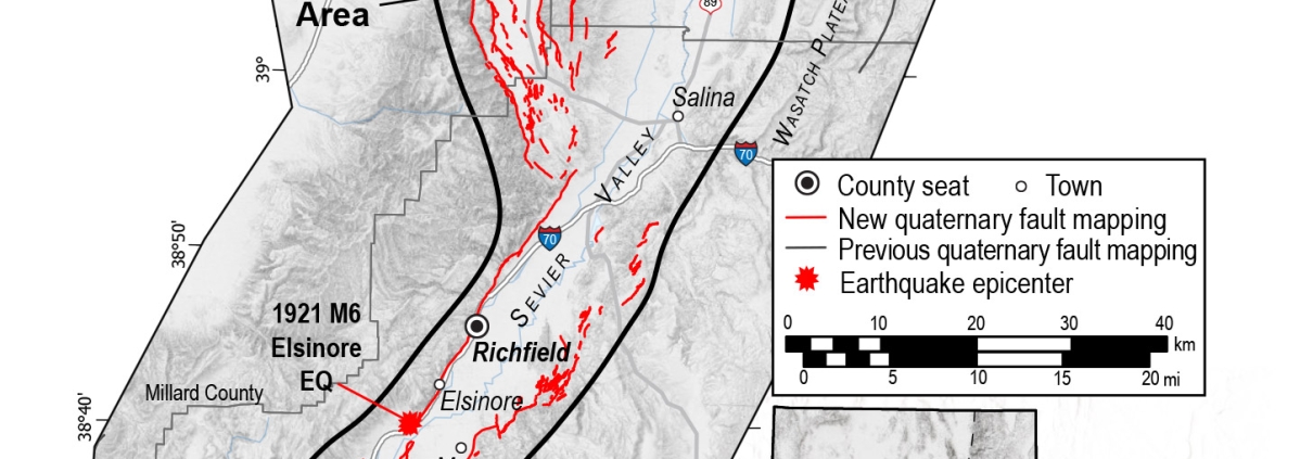 Map of central Utah earthquake study areas showing new (red) and previous (black) fault mappings, epicenters, and legend.