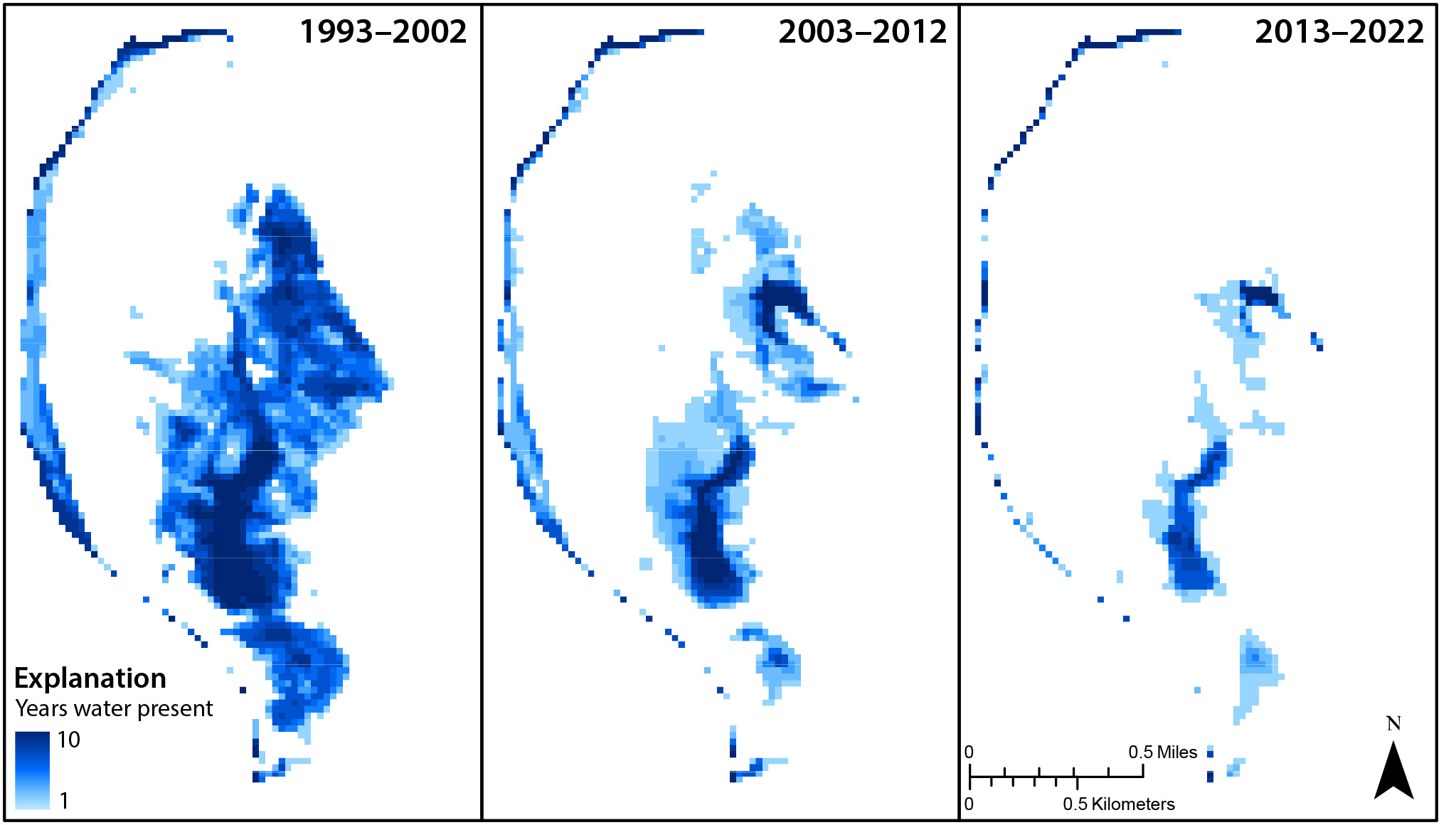 The number of years that surface water was present in each decade according to modeled median May through June surface water extent. Maps showing the number of years that surface water was present, the area getting progressively smaller over the past three decades.