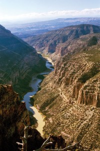 Whirlpool Canyon from Harpers Corner, Colorado (view west into Utah), showing Precambrian-age through Permian-age strata cut by the Green River.