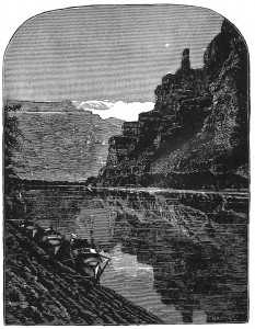 Sketch of Lighthouse Rock in Desolation Canyon from Canyons of the Colorado, by J.W. Powell, 1895.