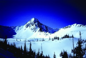 The Pfeifferhorn is an appropriately named peak; glaciers in Maybird Gulch (location of photo) and Hogum Fork to the west (photo right) carved the peak into a horn. The cirque at the head of Maybird Gulch is backed by a steep curved wall. The arête separating the tributary glaciers displays the characteristic narrow, jagged, and sharp ridge features often described as resembling the blade of a serrated knife. The glacial tributaries feed northward into Little Cottonwood Canyon.