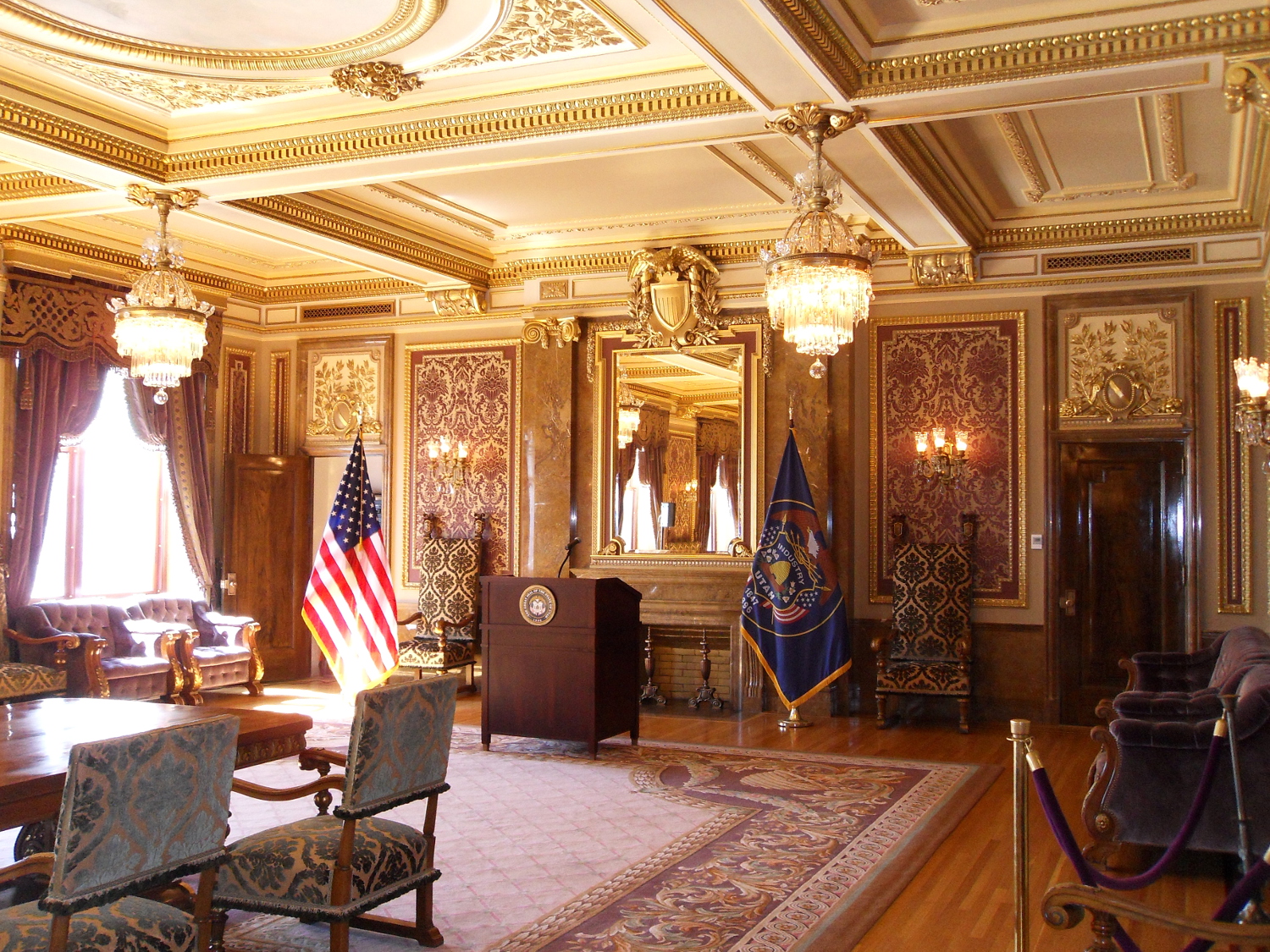 The Gold Room is decorated with Birdseye marble quarried near Thistle