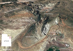 A Google Earth© oblique view of Split Mountain and surrounding regions.