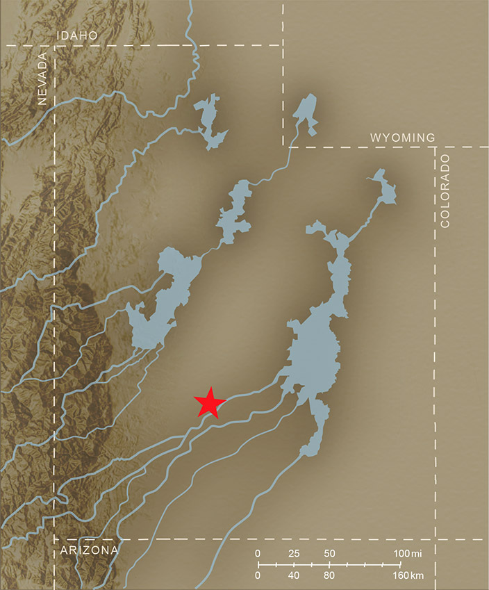 Paleogeographic map of Utah during the Late Jurassic. Regional map of Utah's neighbors with blue lakes and a red star marking a specific location.