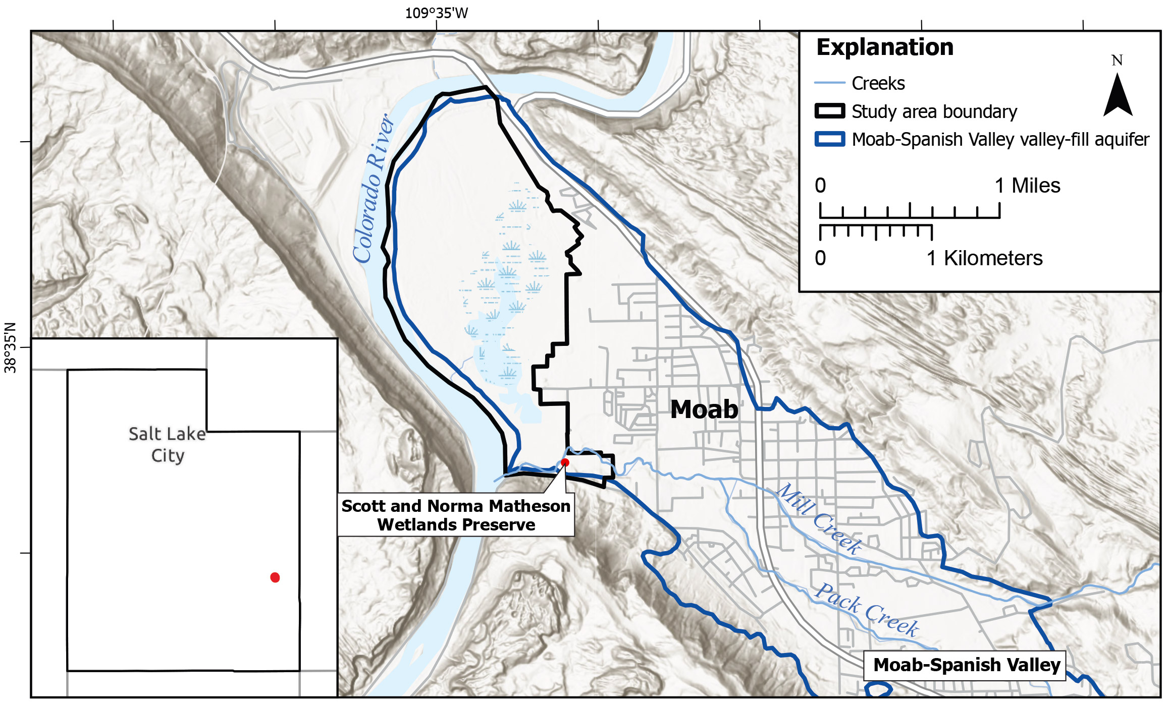 The Moab-Spanish Valley alluvial aquifer, the area where the Glen Canyon Group is absent in the subsurface, and the boundaries of the study area. A map showing the Moab area, focusing on the Moab-Spanish Valley alluvial aquifer.