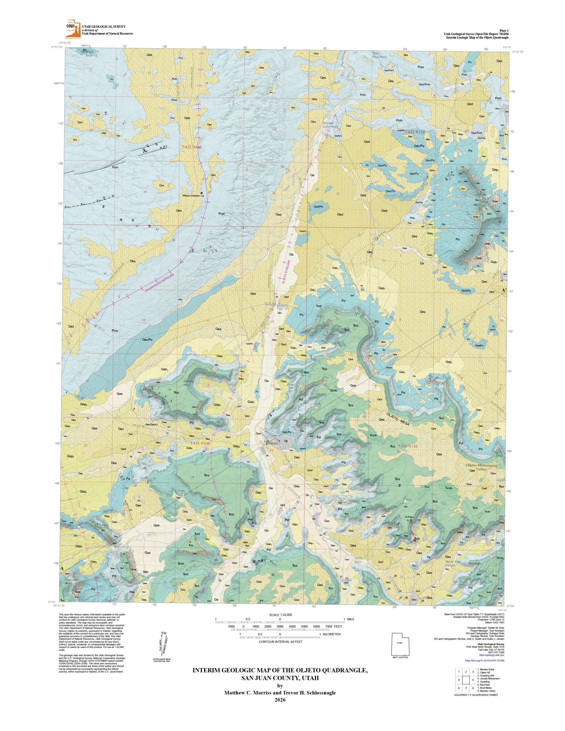 Interim Geologic Map of the Oljeto Quadrangle, San Juan County, Utah, by Matthew C. Morriss and Trevor H. Schlossnagle. Interim geologic map of the Oljeto quadrangle in San Juan County, Utah, showing colored geological units, topographic relief, fault lines, fold axes, and map metadata.