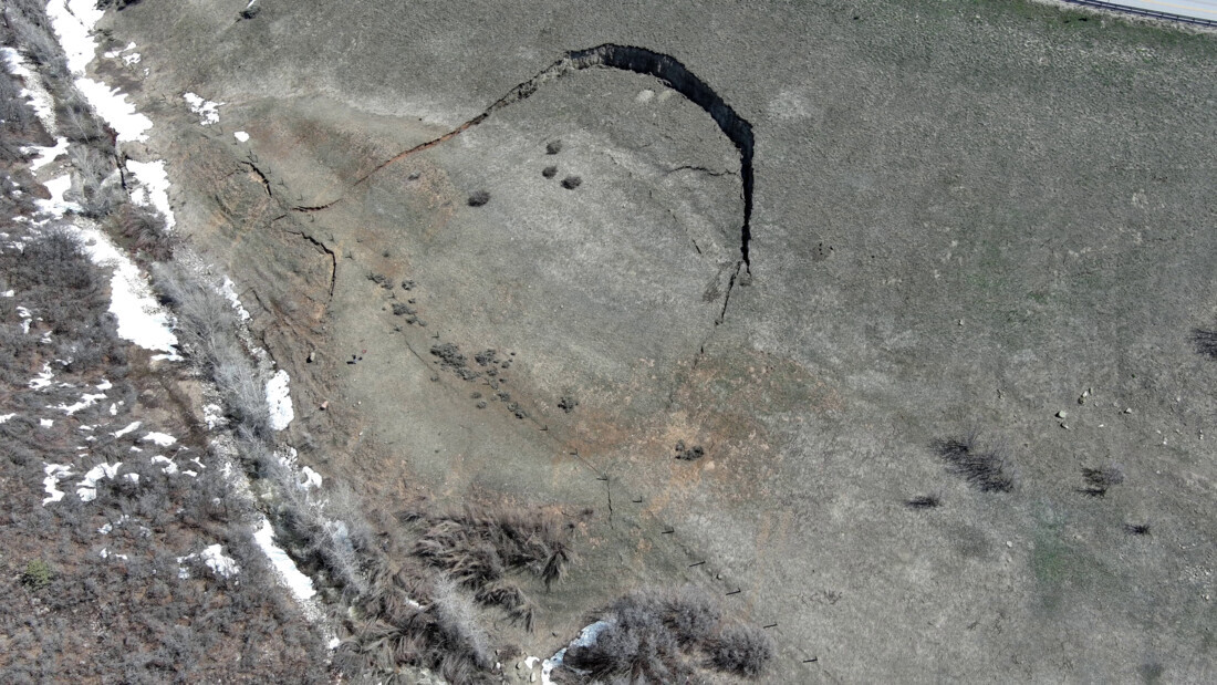 Aerial view of 2023 Trappers Loop Bend Landslide, County, Utah