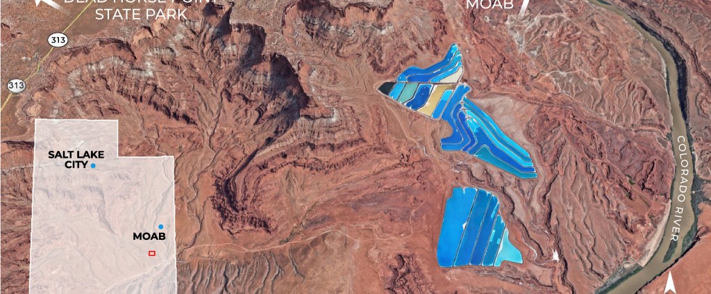 Satellite image of the evaporation ponds at Intrepid Potash Inc.’s mining operation near Moab. Image from Google Earth © 2018 Google.