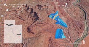 Satellite image of the evaporation ponds at Intrepid Potash Inc.’s mining operation near Moab. Image from Google Earth © 2018 Google.