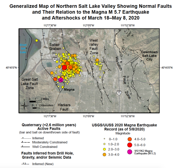 Map showing Magna earthquakes and aftershocks with mapped Quaternary