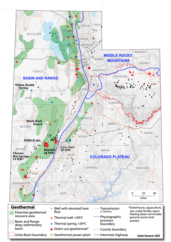 ScreeGeothermal resource map of Utah indicating active resources in use