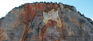 Cable Mountain rock avalanche source area outlined in yellow; the scar measures approximately 133 feet wide, between the white lines, based on the SfM orthomosaic image. The volume of the rock avalanche was calculated to be 435,712 cubic feet, with a corresponding mass of approximately 31,292 tons. Photo date: October 24, 2019.