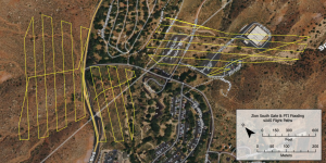 Drone flight paths (yellow lines) used to collect imagery data for SfM modeling and lidar data comparison.