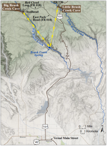 Dye tracer tests by the UGS show that water entering BBCC and LBCC during high streamflow emerges at Brush Creek Spring, which is nearly 6 miles from the caves. Yellow arrowed lines are dye trace flow lines.