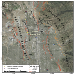 Map of the West Valley fault zone. The West Valley fault zone and the Salt Lake City segment of the Wasatch fault zone. Yellow dots indicate previous research trenches; pink dots indicate previous consultant trenches that yielded earthquake timing data. Indiana Avenue trench site shown as yellow triangle. Red, orange, and black lines show mapped faults; bar-and-ball symbols along lines indicate downthrown side of fault.
