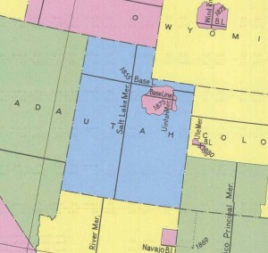 Pastel colors map showing Utah and surrounding states and their meridian and base lines. Utah has a second set of lines near the Uinta mountains.