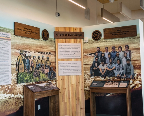 A display with signs and photos of two groups of people.