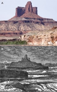 A – Buttes of the Cross composed of Wingate Sandstone near the beginning of Stillwater Canyon. Photo by Wayne Ranney. B – Sketch of the Buttes of the Cross from Canyons of the Colorado, by J.W. Powell, 1895.