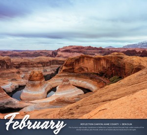 Calendar mockup of the month of February, with a photo of a river meandering thru a southern Utah canyon.