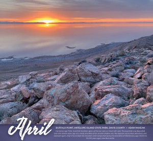 A calendar mockup of the month of April, with a photo of Great Salt Lake.