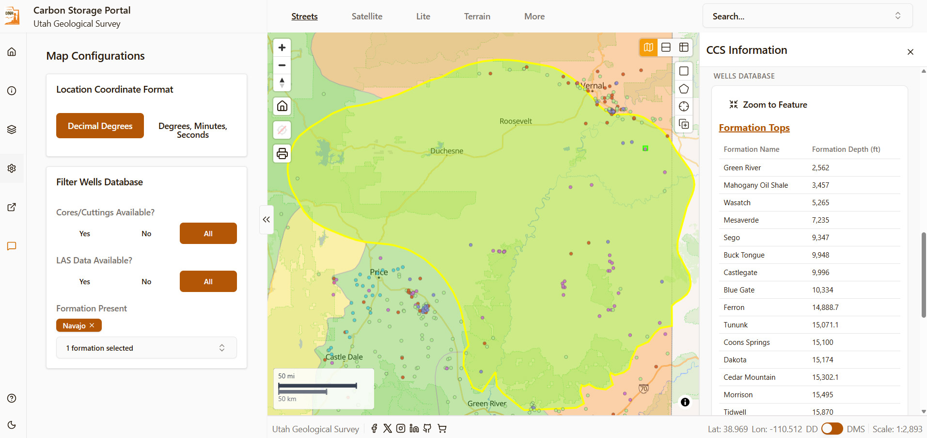 Screenshot of the Carbon Storage Portal web application showing key data layers filtered by wells that have the Nugget/Navajo Sandstone, digital log files, and core/cuttings availability over the Uinta Basin. The web app has filtering options on the left, and highlights descriptions of selected data layers on the right, including depths of formations from a single well. Well data in the Uinta Basin filtered by Navajo/Nugget Formation, digital log files, and core/cuttings availability.