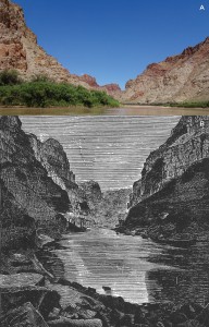 A – Cataract Canyon showing the Honaker Trail Formation and strata dipping away from the Colorado River. Photo by Zach Anderson. B – Sketch of “the heart of Cataract Canyon,” from Canyons of the Colorado, by J.W. Powell, 1895.