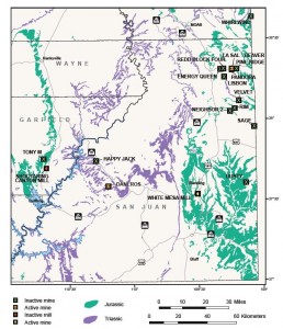 Location and status of uranium mines and mills in Utah. Most uranium produced in Utah is from Mesozoic Jurassic (green) and Triassic (purple) sandstone and conglomerate.