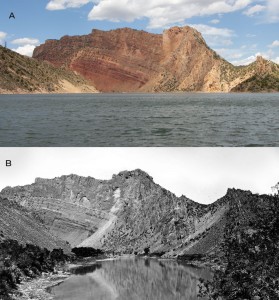 A – Flaming Gorge (view to the southwest) showing folded “bright vermilion” Triassic Moenkopi and Chinle Formations through the Jurassic section. Photo by Michael Chidsey, Sqwak Productions Inc. B – Same view of Flaming Gorge taken by E.O. Beaman during Powell’s 1871 expedition, U.S. Geological Survey.