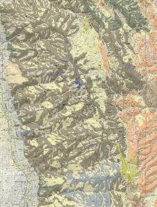 Geologic map of the Bountiful Peak quadrangle. Different colors indicate different rock units.