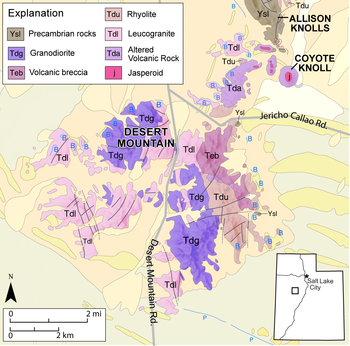 Simplified geologic map of the Desert Mountain area. Blue lines labeled Simplified geologic map of the Desert Mountain area.