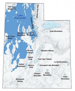 Utah map and north-south profile showing mountain and plateau crests high enough to have been glaciated during the Last Glacial Maximum (LGM). In northern Utah, glacial ice accumulated above elevations of about 8200 feet, whereas in southern Utah mountains needed to be above 10,000 feet to collect ice. Glaciologists use the term “equilibrium-line altitude” (ELA) to refer to the elevation above which snowfall will accumulate faster than it will melt (averaged over multiple years), thus thickening, compacting, and crystallizing into glacial ice. The position of an ELA is controlled by climate and thus varies over time, but when it is below mountain crests for long periods of time, glaciers develop. ELAs can also be used as a proxy to estimate temperature and precipitation during glacial advances. At the height of the LGM, central Utah was on average 7°F to 25°F (4–14°C) colder than today.