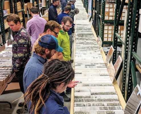 Core samples from Utah's Green River Formation fill the main hall of the Utah Core Research Center from beginning to end, October 2019.