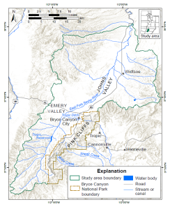 Map of Bryce Canyon study area. Highlighted is the many streams or canals within the study area.