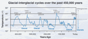 Four fairly regular glacial-interglacial cycles occurred during the past 450,000 years. The shorter interglacial cycles (10,000 to 30,000 years) were about as warm as present and alternated with much longer (70,000 to 90,000 years) glacial cycles substantially colder than present. Notice the longer time with jagged cooling events dropping into the colder glacials followed by the faster abrupt temperature swings to the warmer interglacials. This graph combines several ice-core records from Antarctica and is modified from several sources including Evidence for Warmer Interglacials in East Antarctic Ice Cores, 2009, L.C. Sime and others. Note the shorter time scale of 450,000 years compared to the previous figure, as well as the colder temperatures, which are latitude-specific (e.g., Antartica, Alaska, Greenland) temperature changes inferred from the Antarctic ice cores (and not global averages).