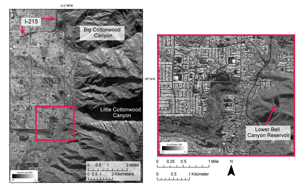 SAR amplitude image of eastern Salt Lake Valley that demonstrates the ability to distinguish between buildings, roads, and small topographic features. Image acquired from the airplane-mounted UAVSAR on March 16, 2021. The spatial resolution is 7 by 5 meters (23 by 16 feet), and similar spatial resolution can be achieved by some civilian SAR satellites. Amplitude brightness depends on multiple factors, including material properties and surface roughness. As a result, grassy fields and bodies of water appear dark, whereas metallic surfaces such as building roofs are light gray or white. In the Wasatch Range, steep topography blocks radar waves emitted from the radar antenna, causing the shadowed regions. This shadow is due to the angle at which the antenna views the ground (side-looking). UAVSAR data courtesy NASA/JPL-Caltech and the SnowEx 2021 Western US campaign. SAR amplitude image of eastern Salt Lake Valley.