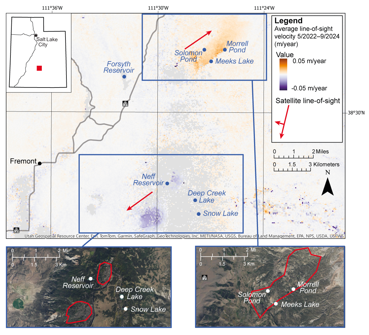 Average LOS ground motion velocity in central Utah estimated from Sentinel-1 interferograms spanning May 2022 to September 2024 (Sentinel-1 data ©2023, 2024 European Space Agency). The colorbar ranges from -5 to 5 cm/year (about -2 to 2 inches/year), and pixels with low reliability are masked. Two distinct regions of LOS ground motion are shown with blue rectangles. This motion is related to two landslide complexes, outlined in red in the bottom panels, showing optical satellite images. The northernmost landslide, near Meeks Lake, is moving toward the satellite, while the bottom landslides, west and northwest of Thousand Lakes Mountain, are moving away from the satellite. Imagery from the National Agriculture Imagery Program (NAIP), Esri, USDA Farm Service Agency. InSAR map of Neff Reservoir and Solomon Pond locations in central Utah and the satellite views showing the areas.