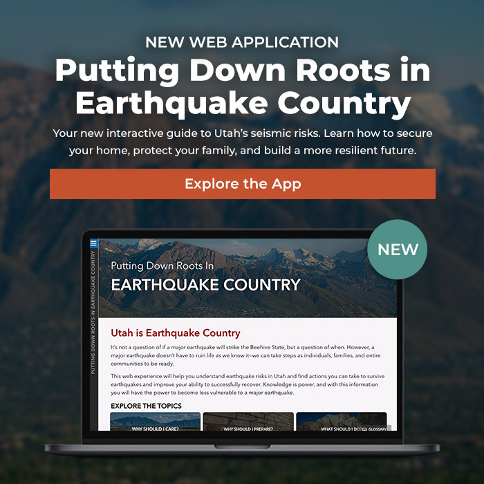 "Banner for a new web app titled 'Putting Down Roots in Earthquake Country'. Shows a laptop displaying the app with an 'Explore the App' button."