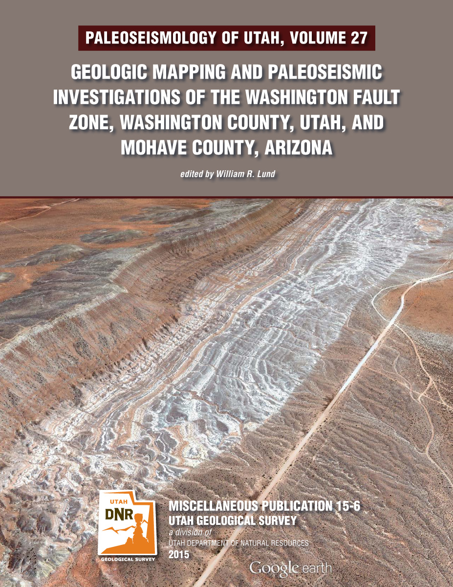 Cover of publication with aerial views of striped rock. Geologic Mapping and Paleoseismic Investigations of the Washington Fault Zone, Washington County, Utah and Mohave County, Arizona.