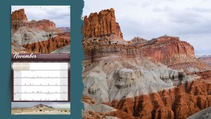 Image of a mockup of a calendar on the left and landscape on the right.