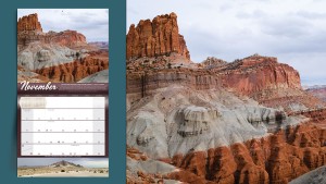 Image of a mockup of a calendar on the left and landscape on the right.