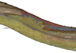 Section of the preliminary trench log from the Skinner Peaks South trench. Faults are shown in red, stratigraphic contacts in black. C1 and C2 indicate sedimentary deposits (colluvial wedges) created shortly after surface-rupturing earthquakes. These can be dated to determine timing of past earthquakes at this site. Scale shown, no vertical exaggeration.