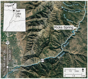 Simplified map showing how to get to Ricks Spring from Logan, Utah.