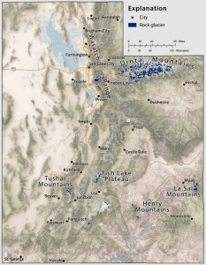 Map of Utah with blue dots showing rock glacier locations. Concentrations are in high-altitude mountain ranges.