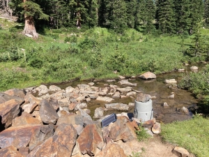A rocky stream surrounded by foliage. A bucket and solar panel setup is on the side.