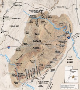 Map of the San Rafael Swell with access roads and many slot canyons labeled around the edges.